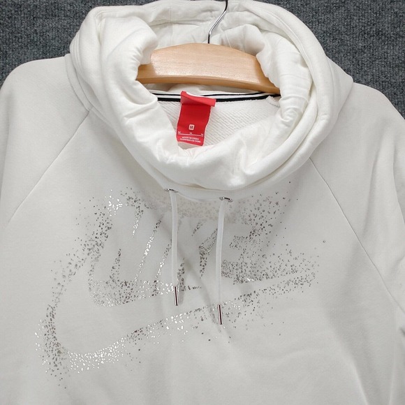 Nike Mens Hoodie White Medium Metallic Logo Funnel Neck Pullover Long Sleeve - Picture 3 of 15